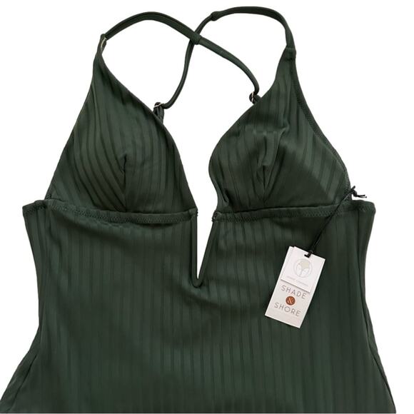 Shade & Shore Swimsuit One Piece Green Ribbed Plunge Swimsuit Size Large NEW - Picture 4 of 12